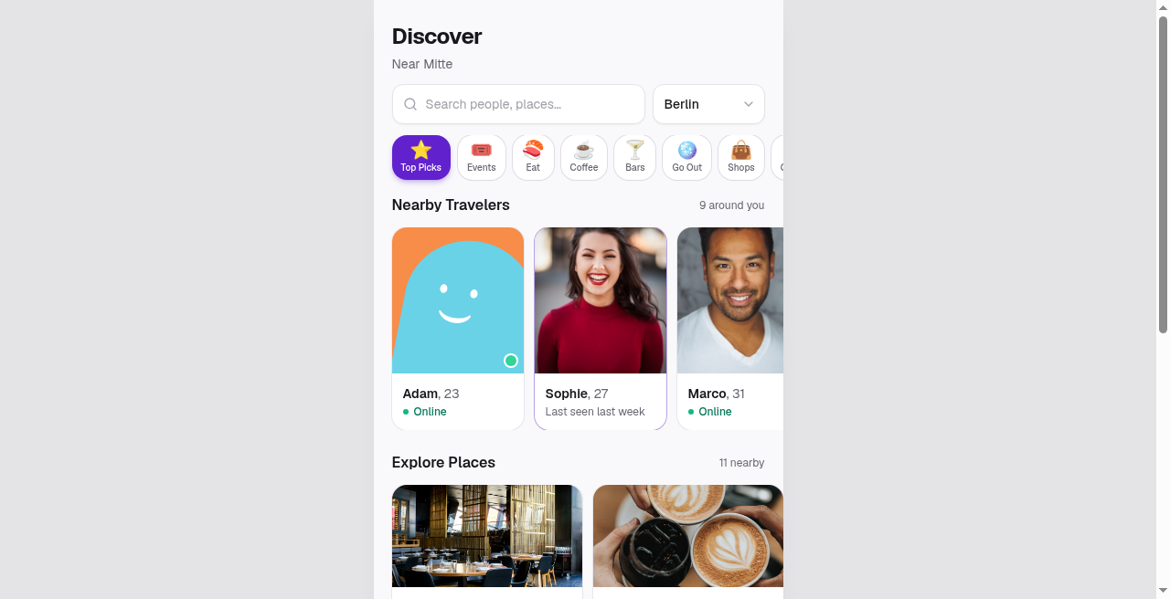Avessa: Discover feed: nearby travelers, places, and events