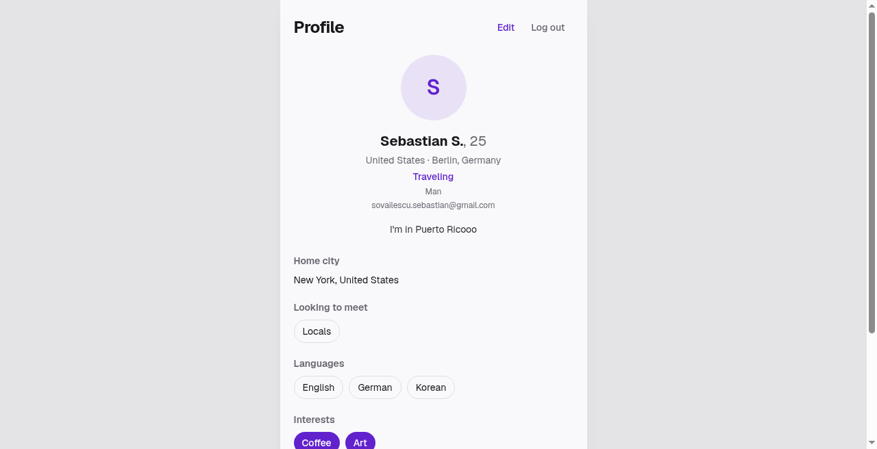 Avessa: User profile with bio, interests, and travel stats