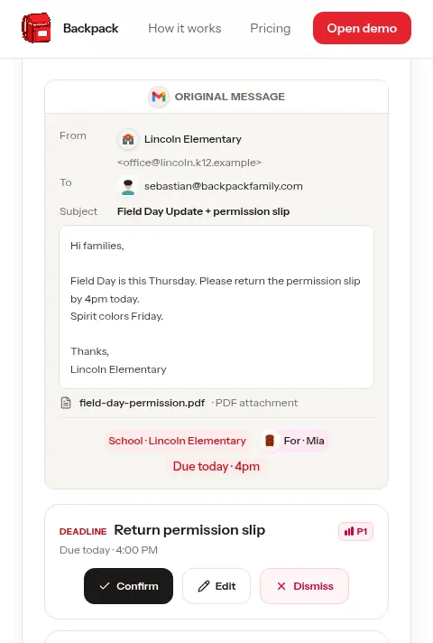 Backpack: Step 2: a school email becomes a deadline task with Confirm, Edit, Dismiss