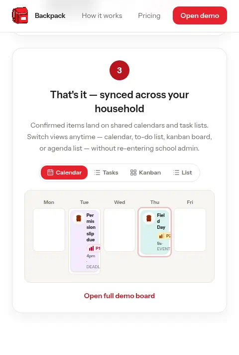 Backpack: Step 3: synced household calendar view
