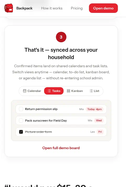 Backpack: Step 3: synced household tasks view