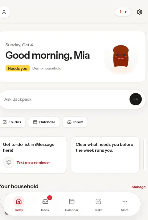 Backpack: Today dashboard with Ask Backpack, inbox, and the bottom tab bar