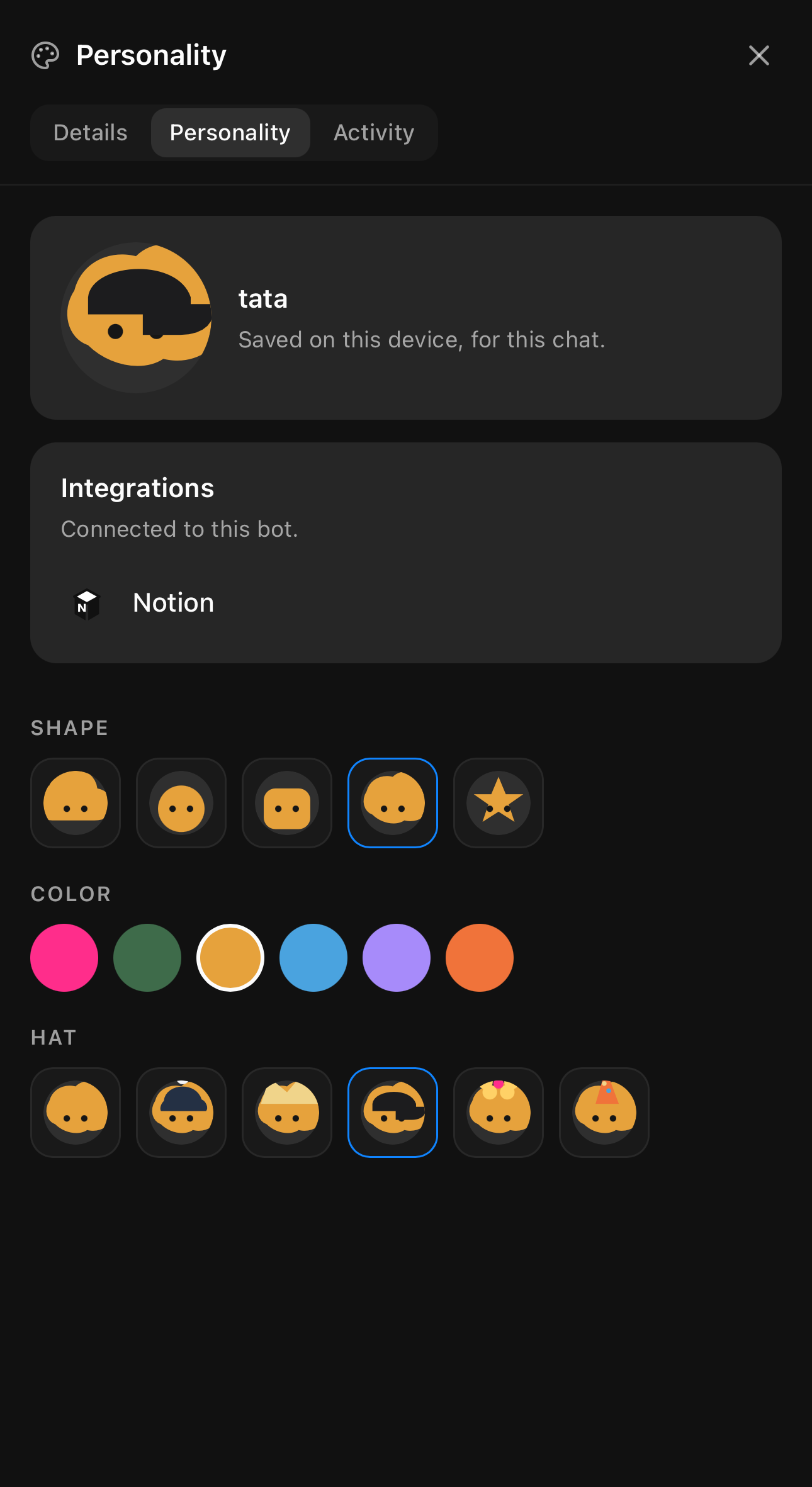 Hermes Bots: Per-bot personality and avatar builder; this bot only has Notion